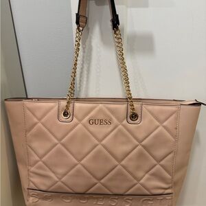 GUESS Quilted Tan Tote Bag with Gold Chain Straps